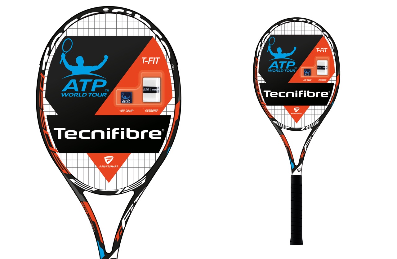 La raquetteT-FIT équipée d'un surgrip et d'un antivibrateur cobrandé ATP World Tour et Tecnifibre